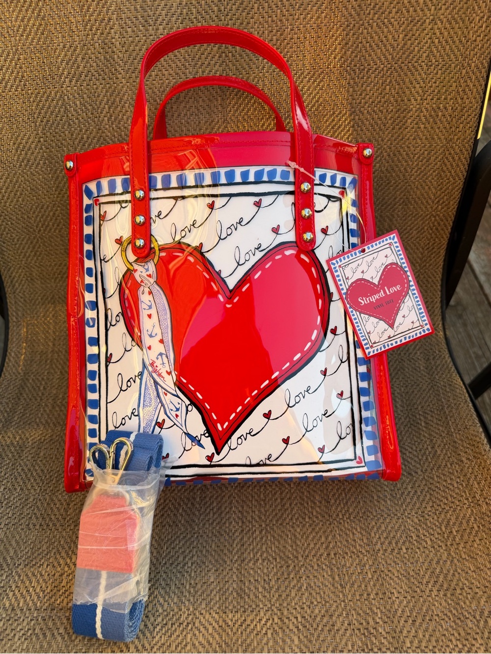 BRIGHTON STRIPED LOVE CLEAR TOTE  Red trim w/Blue Canvas removable strap NWT
